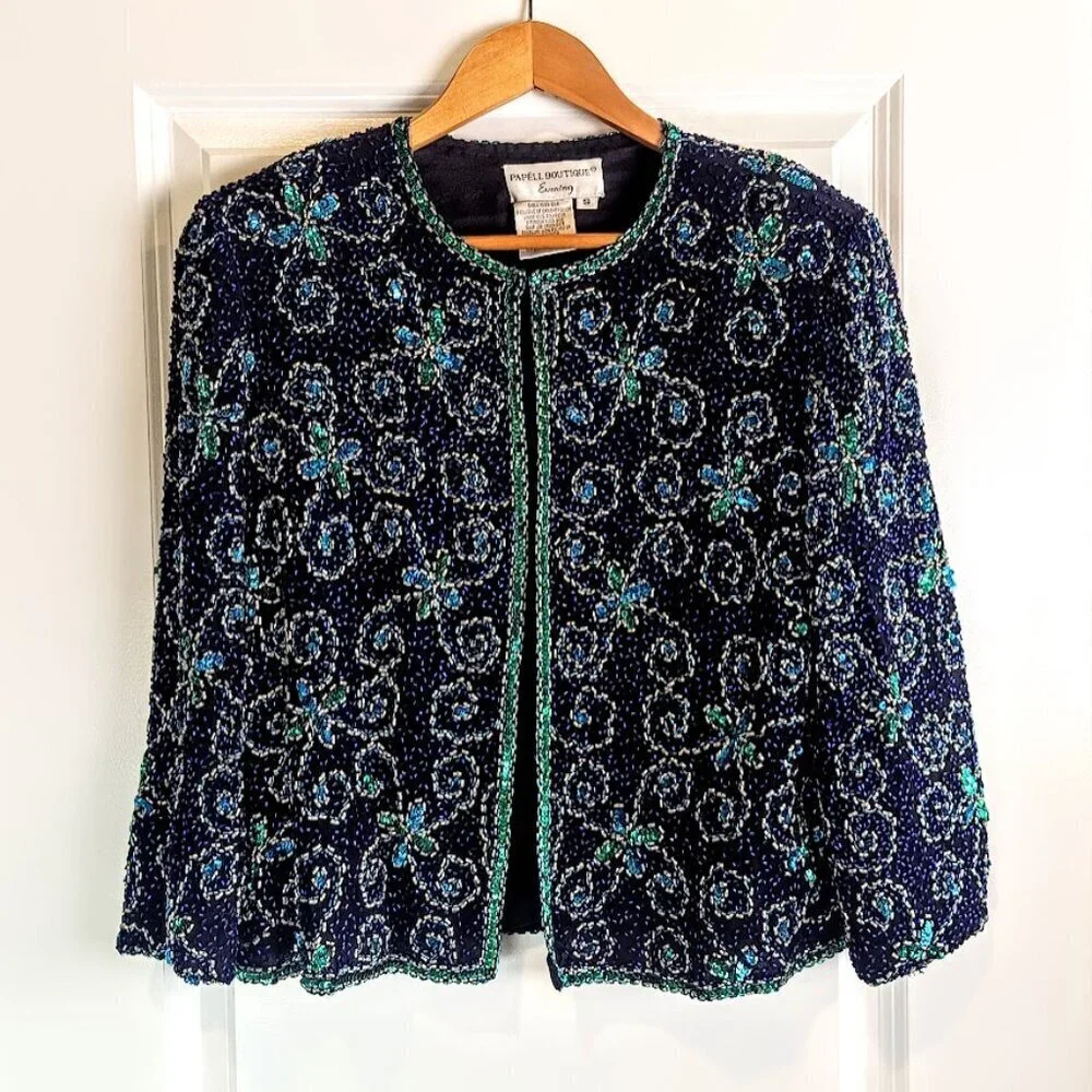 Vintage Papell Boutique Evening Black Blue Teal Beaded Sequin Jacket